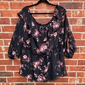 Lane Bryant Womens 26 Black Pink Floral Blouson Ruffle Neck Top NWT
